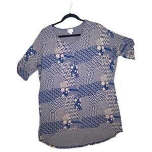 LuLaRoe Irma Tunic Med Blue Beige Jacquard Geometric Patchwork High Low Top